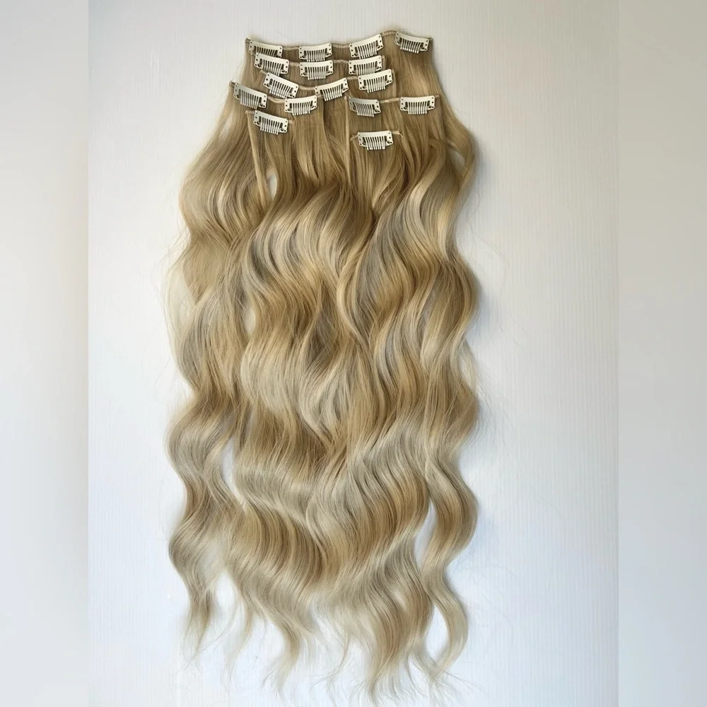 Clip ins Hair Extensions Ash Light Blonde - Wave style - Human hair Blend